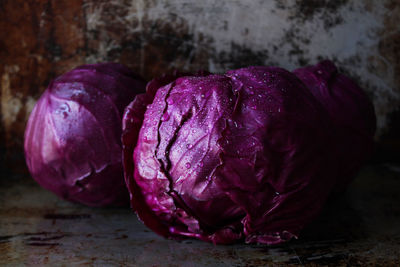 Close-up of red cabbages on table