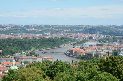 High angle view of townscape by river against sky