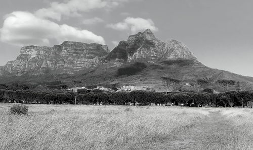 Scenic view of land and mountains against sky