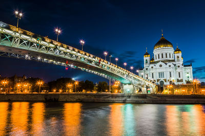 Cathedral of christ the saviour in the night. a view from under a bridge that can see moskva river.