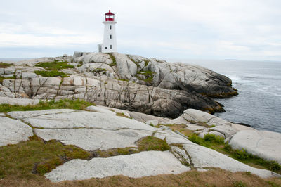 Lighthouse on rocks by sea against sky