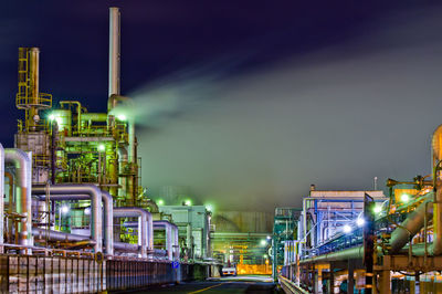 Illuminated factory by street against sky at night