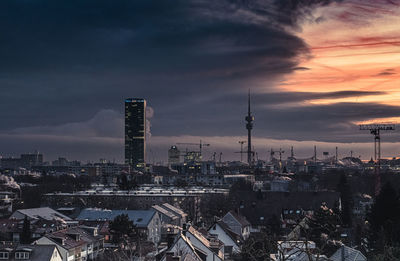 High angle view of buildings against cloudy sky