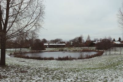 Bare trees by lake against sky