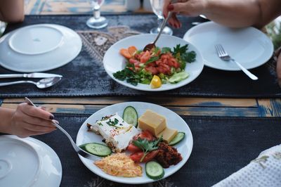 High angle view of meal served on table