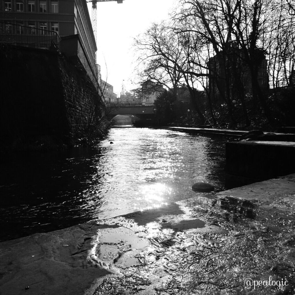 water, architecture, built structure, building exterior, tree, reflection, river, canal, bridge - man made structure, waterfront, connection, bare tree, rippled, city, clear sky, day, outdoors, no people, bridge, lake