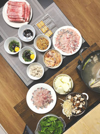 High angle view of meal served on table