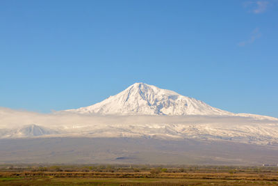 Scenic view of snowcapped mount ararat against clear sky, armenia