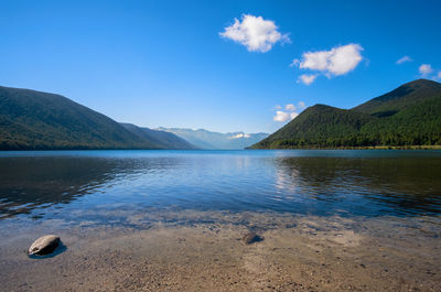 Scenic view of lake and mountains against blue sky