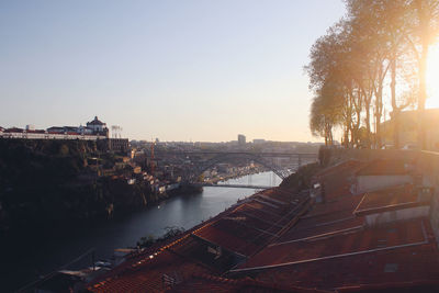 Panoramic view of river and buildings against clear sky