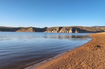 Scenic view of beach against clear sky