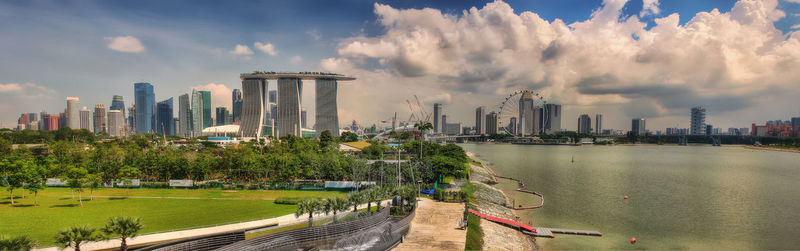 Panoramic view of river and buildings against sky