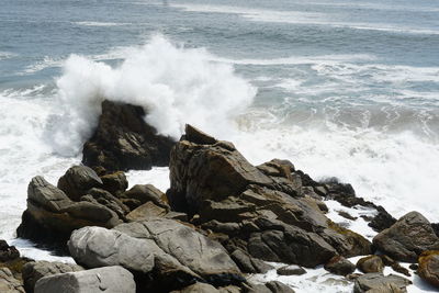 Waves breaking on rocks at shore