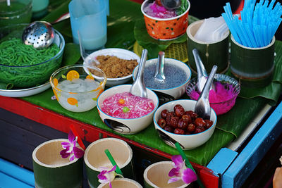 High angle view of various food on table