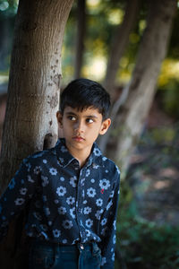 Portrait of boy standing on tree trunk