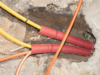 Construction trench with electrical wires. road work for the installation of fiber optic cables