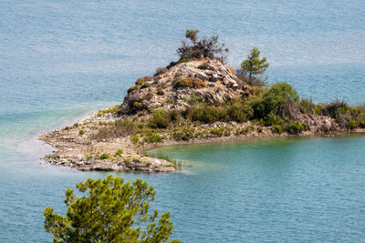 Small island of rocks and with green trees in the gadoura water reservoir on rhodes island, greece 