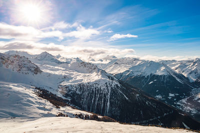 Scenic view of snowcapped mountains against sky