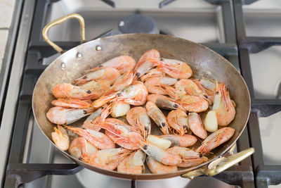 High angle view of prawns in container