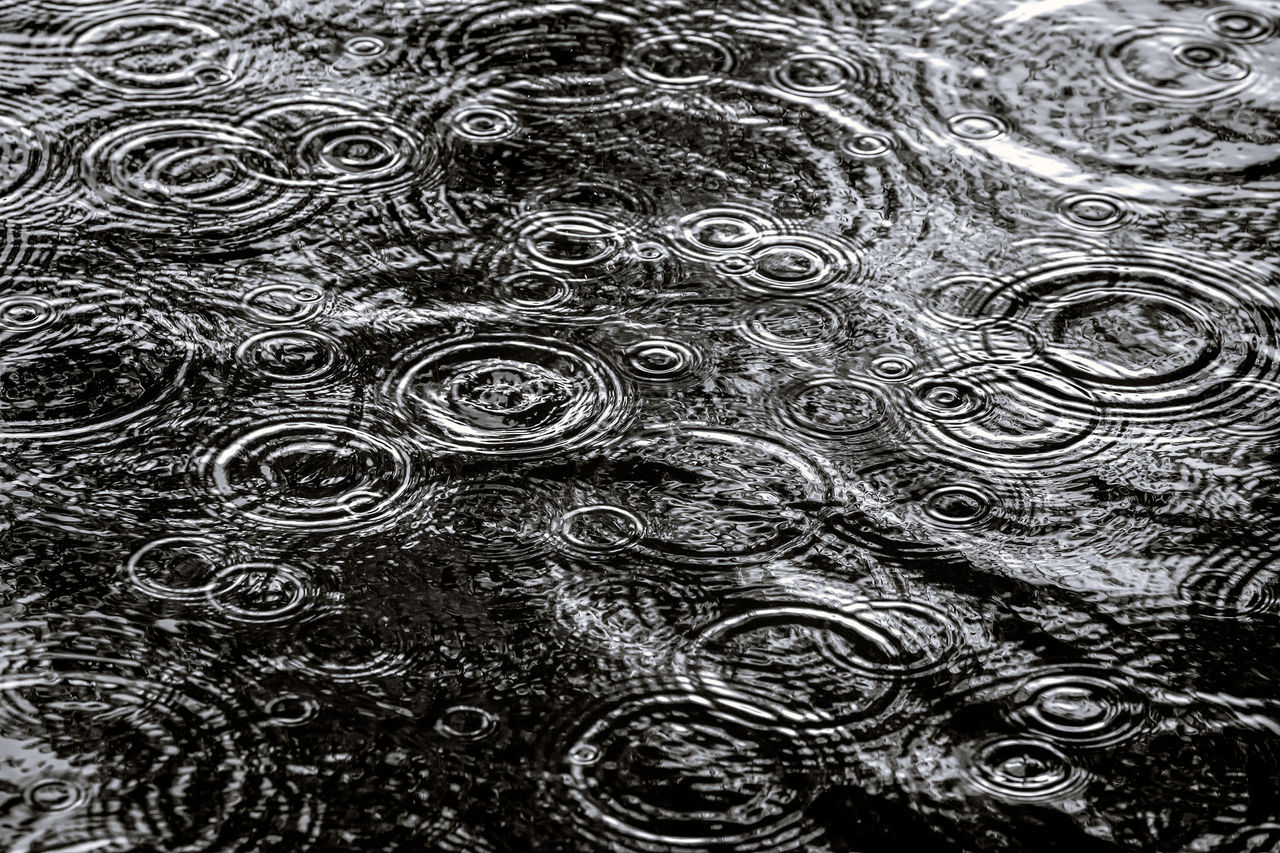 FULL FRAME SHOT OF WET RIPPLED WATER IN RAIN