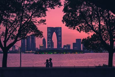 Silhouette tree and buildings against sky at dusk