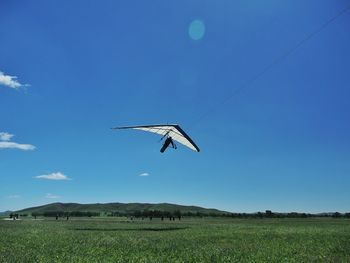 Person hang-gliding over field against clear blue sky