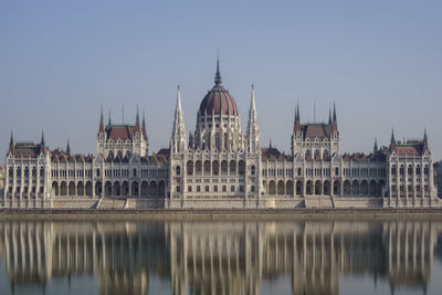 Reflection of building in river against clear sky