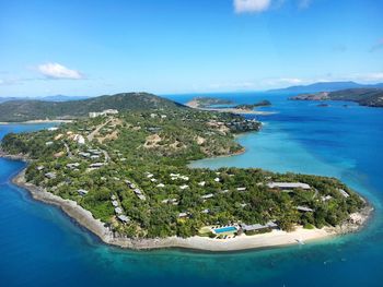 High angle view of bay against sky