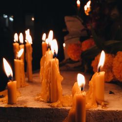 Close-up of lit candle in temple