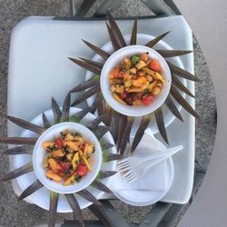 High angle view of breakfast served on table