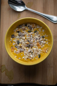 High angle view of breakfast served on table