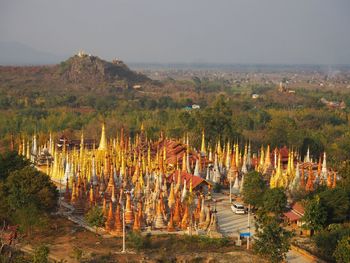 High angle view of trees on field against sky