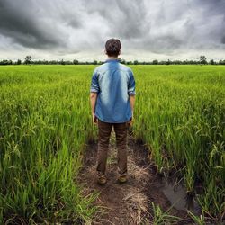 Rear view of man standing on field against sky