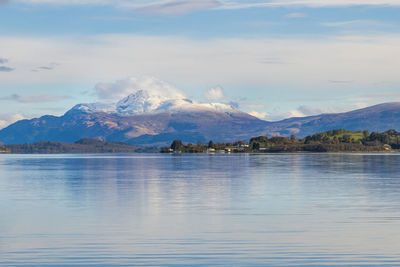 Scenic view of sea and mountains against sky