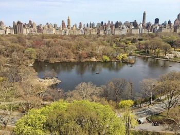 View of built structure by pond