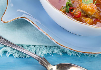 Close-up of soup in bowl on plate