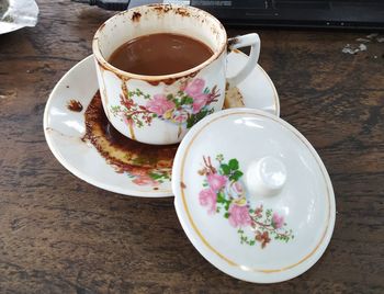 High angle view of coffee served on table