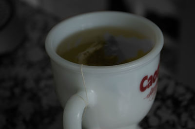 High angle view of coffee cup on table