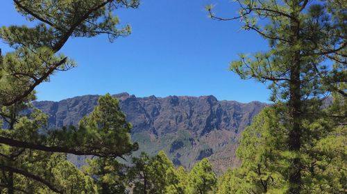 Scenic view of mountains against clear blue sky