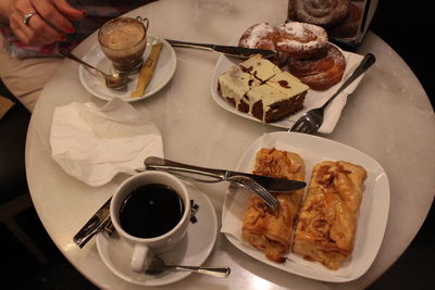 High angle view of breakfast served on table