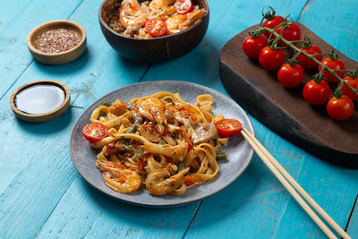 High angle view of food in plate on table