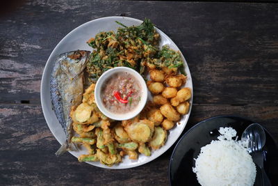 High angle view of food in plate on table