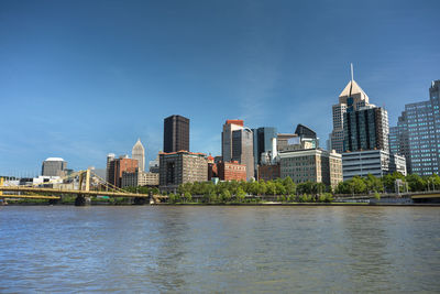 River by modern buildings against sky in city