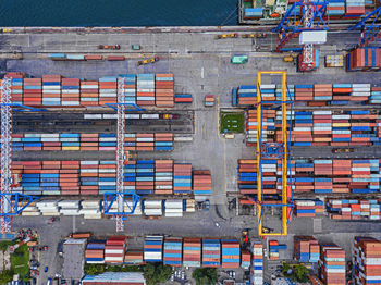 High angle view of commercial dock against buildings