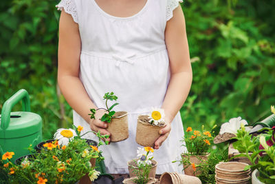 Midsection of woman holding flowers