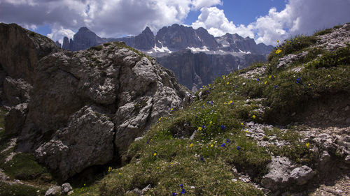 Scenic view of mountains against cloudy sky