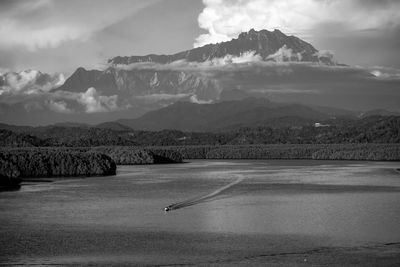 Scenic view of lake and mountains against sky