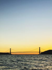 Suspension bridge over sea against clear sky