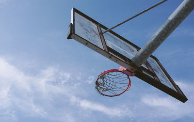 Low angle view of basketball hoop against blue sky