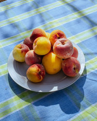 Delicious and flavorful fresh peaches on a white plate on a table with blue tablecloth outdoors